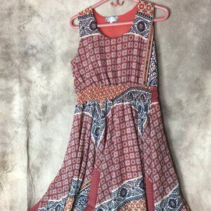 J Gee Size Large  Sleeveless Handkerchief Hem Dress Multi Pattern Smocked Waist